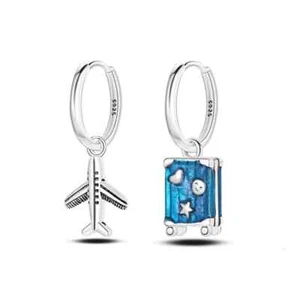 Airplane & Suitcase Genuine 925 Sterling Silver Earrings For Women Jewelry - Picture 1 of 2