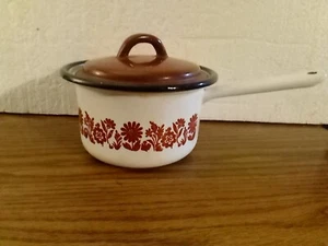 Vintage Enamel Pot With Lid, Brown Flowers - Picture 1 of 21
