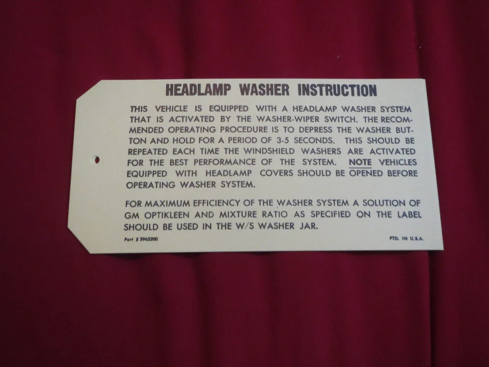 1967 1968 1969 CHEVROLET CAMARO CORVETTE CHEVELLE NOVA IMPALA HEADLIGHT WASHER T - Image 1 of 1