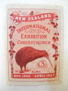 Exposition Nouvelle-Zélande Christchurch 1906-1907 affiche timbre étiquette # 3 oiseau kiwi