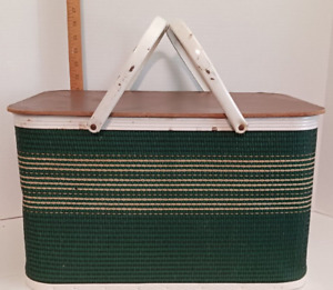 Vintage Redmon Mid Century Modern Green Striped Picnic Basket w/ Double Handle