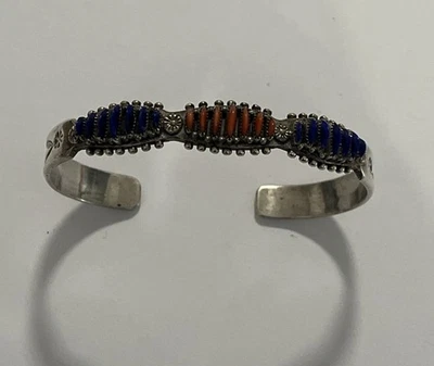 HUGH & AGNES BOWEKATY Zuni Sterling Needlepoint Coral & Lapis Cuff Bracelet-(P) - Image 1 of 4