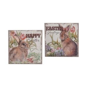 11.9" Spring Easter Bunny Rabbit "Happy Greetings" Wall Hanging Assortment of 2 - Picture 1 of 2