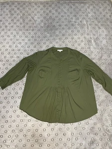 Woman Within Plus 2X (26/28) Olive Green Pintuck Button Up Cotton Tunic Shirt - Picture 1 of 18