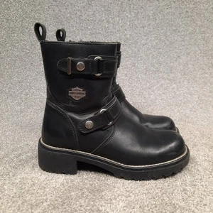 Harley Davidson Womens Leather Zip Motorcycle Boots Size 8 Black Buckle 84009 - Picture 1 of 11