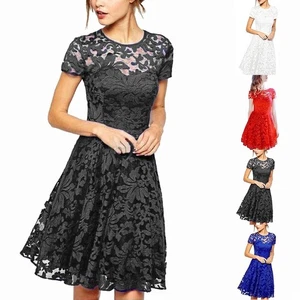 Women's Plus Size Lace Short Dress Crew Neck Evening Party Cocktail M 5XL - Picture 1 of 18