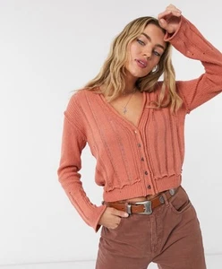 Free People Stevie Distressed V-Ausschnitt Knopfleiste Cardigan Rosen Hüften Größe Large - Bild 1 von 8