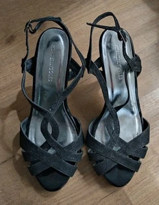 Heavenly Soles Black Shimmer Wide Fit Strappy Heels 6EEE - Picture 1 of 7