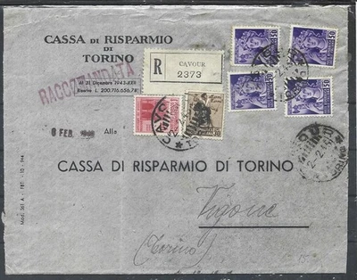 1945 RACCOMANDATA MULTI AFFRANCATA DA C.R.DI TORINO CAVOUR X C.R. TORINO VIGONE - Immagine 1 di 2