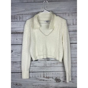 525 Short Eyelash Collared Sweater White Small Long Sleeve Crop Preppy Neutral - Picture 1 of 9