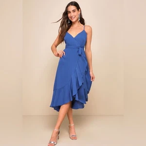 Lulus Manhattan Moment Blue Ruffled Midi Wrap Dress Blue Size Medium NWT - Picture 1 of 9