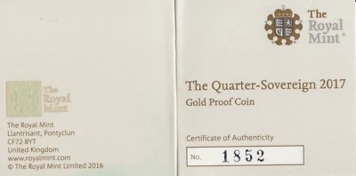 Gold Proof Coin 2017 1/4 Sovereign Certificate Authenticity COA ONLY NO COIN [D] - Image 1 of 2