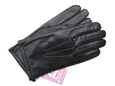 GRANDOE MEN'S BLACK LEATHER GLOVES w ACRYLIC KNIT LINING, PHILIPPINES, sz M  NWT - Image 1 of 4