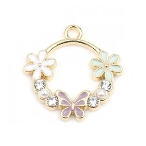 5 Pastel Ring Shaped Pendants, Butterfly, Flower, Imitation Pearl & Rhinestones - Picture 1 of 2
