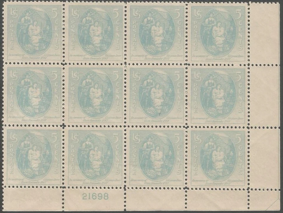 Plate Block of 12 stamps - Scott 796 - 5 cent - Virginia Dare - 1937 - MNH - Image 1 of 1