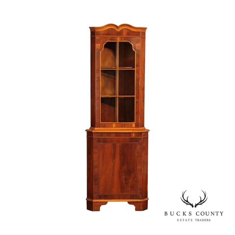 English Yew Wood Georgian Style Glass Door Corner Cabinet Cover