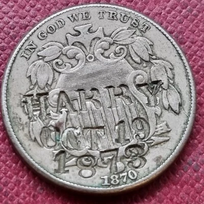 1870 Shield Nickel 5c XF COUNTERSTAMPED "HARRY OCT 19 1873" Higher Grade #91667 - Image 1 of 2