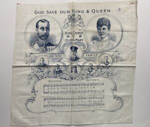 Rare Commemorative King George V Queen Cotton Serviette Handkerchief Black White