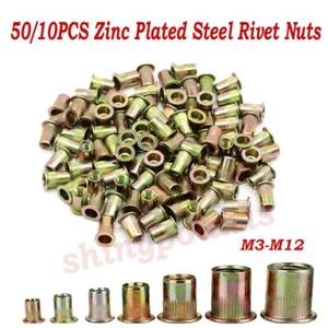 50/10Pcs Zinc Plated Steel Rivet Nuts Flat Head Threaded Rivnut Insert Nutsert - Picture 1 of 15