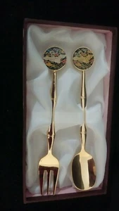 Enamel Art Tops w/Gold Tone Baby Fork & Spoon Marked FONS Korea New In Box - Picture 1 of 6
