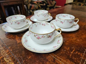 Haviland Flat Cups Saucers Roses Gold Trim 4 Sets - Picture 1 of 22
