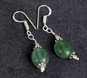 925 Silver Plated Beaded Green Aquamarine Beautiful Earrings Size 1.8" JW - Picture 1 of 3