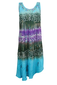 Boho Gypsy Hippy Blue Tie Dye Tank Dress Beach Cover Up Uneven Hem Sundress L