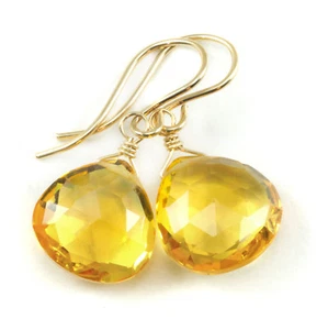Yellow Simulated Citrine Earrings Heart Teardrop Simple Dangle 14k Gold Sterling - Picture 1 of 7