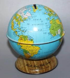 Vintage Ohio Art Tin Globe Bank with Brown Base - Picture 1 of 8