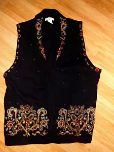 Yarnworks VTG Rockabilly 90's Y2K Black gold Red Beaded collared Sweater Vest L - Picture 1 of 2