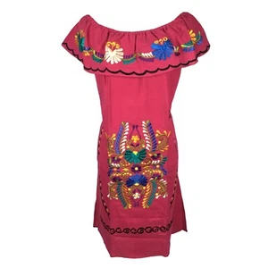 Vestido mexicano bordado hasta la rodilla kimono campesino Med 100 % algodón - Imagen 1 de 4