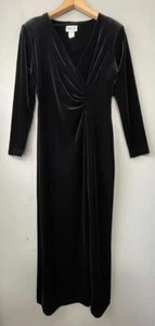 Vintage Robbie Bee Petite Size 8 Black Velvet Ruched Faux Wrap Dress Maxi - Picture 1 of 11