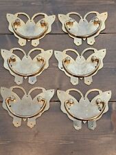 Vintage Asian Gold Tone Etched Plated Drawer Pulls Swing Handles Butterflies Set