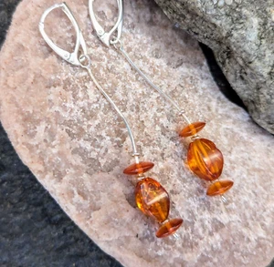 Cognac Amber Earrings Long Almond Dangle Drop Sterling Silver 925 Leverback - Picture 1 of 7