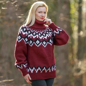 SuperTanya Suéter de Lana Rojo Islandés Hecho a Mano Nórdico Invierno Jersey L - XL - Imagen 1 de 6