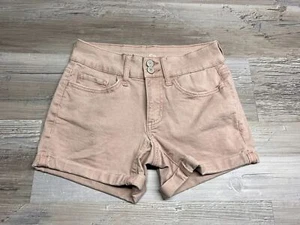 Womens Beige Denim Mini Shorts Roll Up So Favorite Midi Size 0 Double Button Zip - Picture 1 of 8