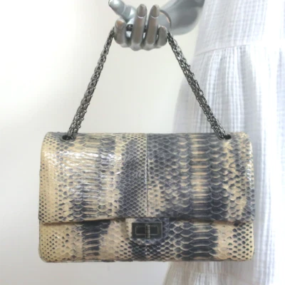 Chanel 2.55 Reissue 226 Double Flap Shoulder Bag Beige/Gray Snakeskin - Image 1 of 4
