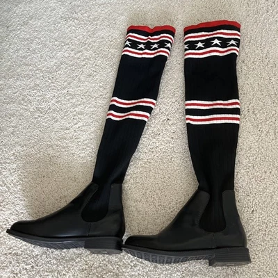 Botas de lluvia Givenchy Storm tejidas hasta el muslo sobre la rodilla OTK negras rojas talla 6,5  Foto 1 de 4