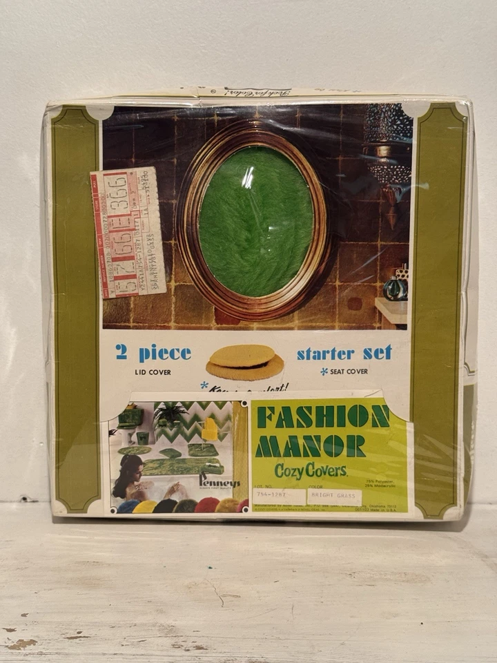 Vintage Penneys Green Shag Toilet Cover 2-Piece Seat Lid NOS 1960s Fashion Manor - Image 1 of 4