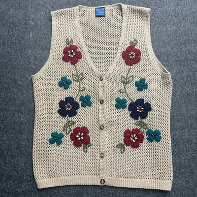 Jantzen Classics Sweater Vest Medium Grandmacore Crochet Knit Floral Beige - Image 1 of 4