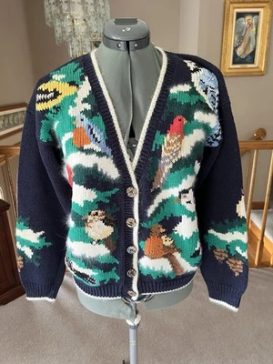 Vintage Design Options S M Winter Song Birds Cardigan Sweater Christmas - Image 1 of 4