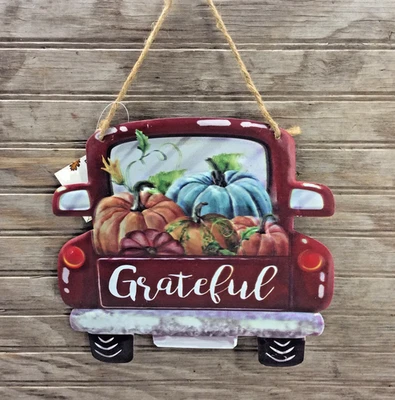 RUSTIC Farmhouse Fall GRATEFUL Tin Metal Hanging Brown Truck W Pumpkins Sign - Image 1 of 4