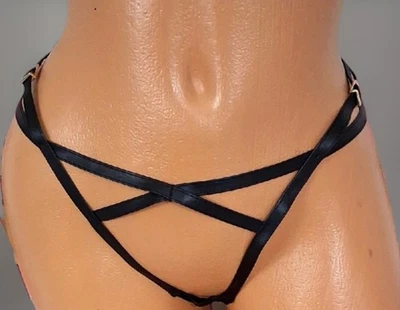 Victoria Secret 非常性感黑色人造皮革开口扣绑带丁字裤 XL — 第 1/4 张图片