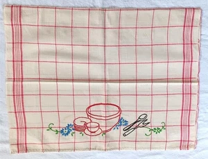 Toalla de té de colección de algodón bordada a mano antorcha roja a cuadros 17 x 24" - Imagen 1 de 6