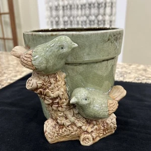 Green Glazed Decorative Planter, Approx 6" Inches tall, 2 Birds on Branch - Picture 1 of 15