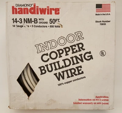 50' 14-3 NM-B alambre de cobre sólido interior residencial nuevo sin usar Foto 1 de 4