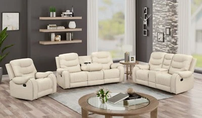 LUXURY 3PC Cream Beige Sofa Loveseat Chair Leather Living Room 5-Recliner Set - Image 1 of 4