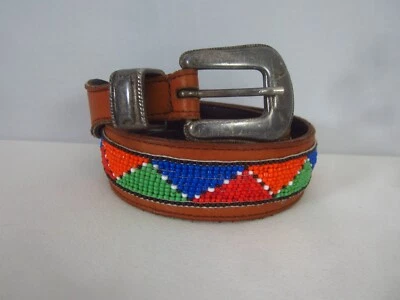 Vtg Leather Shop Beaded Brown Leather Belt Western Southwestern  28" - 30" - Image 1 of 4