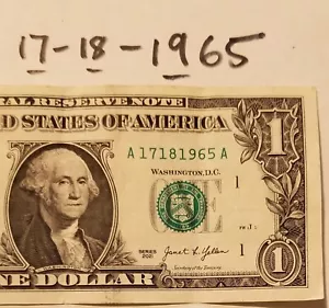 Ascending One Dollar Bill Fancy Serial Number 17 18 1965 $1 2021 A Crisp - Picture 1 of 4