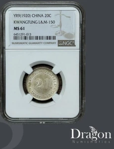 1920 YR9 China 20 CENTS KWANGTUNG L&M-150 MS 61 NGC 🇨🇳🐉 - Picture 1 of 4